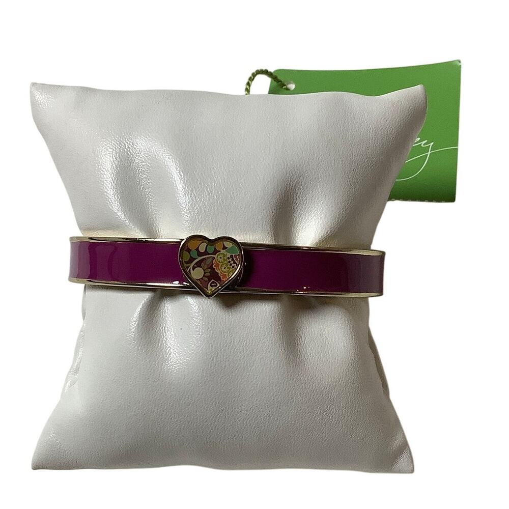Vera Bradley Plum Crazy Purple Enamel Gold Hinged Heart Bangle Bracelet F18-41